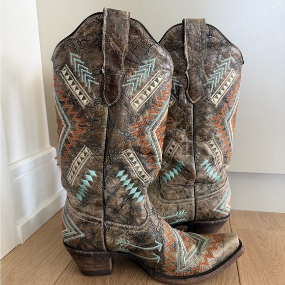 Women's Western Heeled Boots - Brown and Orange - Picture 2 of 5